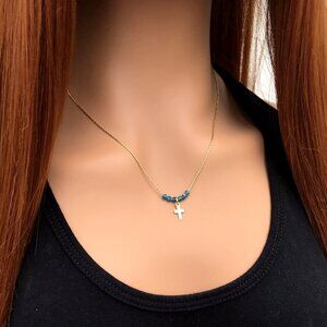 Beaded Cross necklace, gold, Easter gift, Christian gift, minimalist, gemstone,